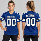 Custom Royal Authentic Football Jersey with White and Black Lettering worn by female model
