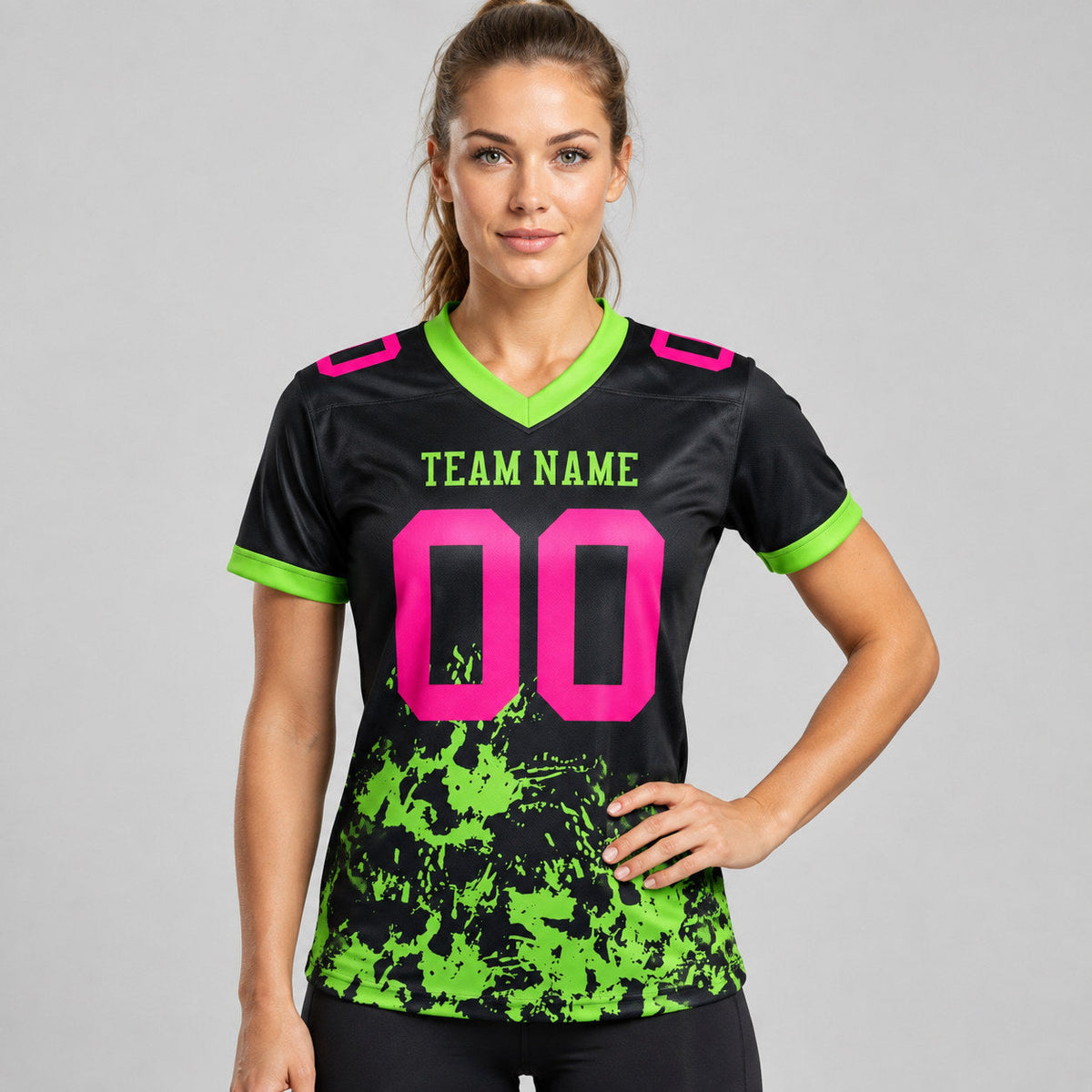 Custom Black Splash Authentic Football Jersey with Hot Pink and Aurora Green Lettering worn by female model