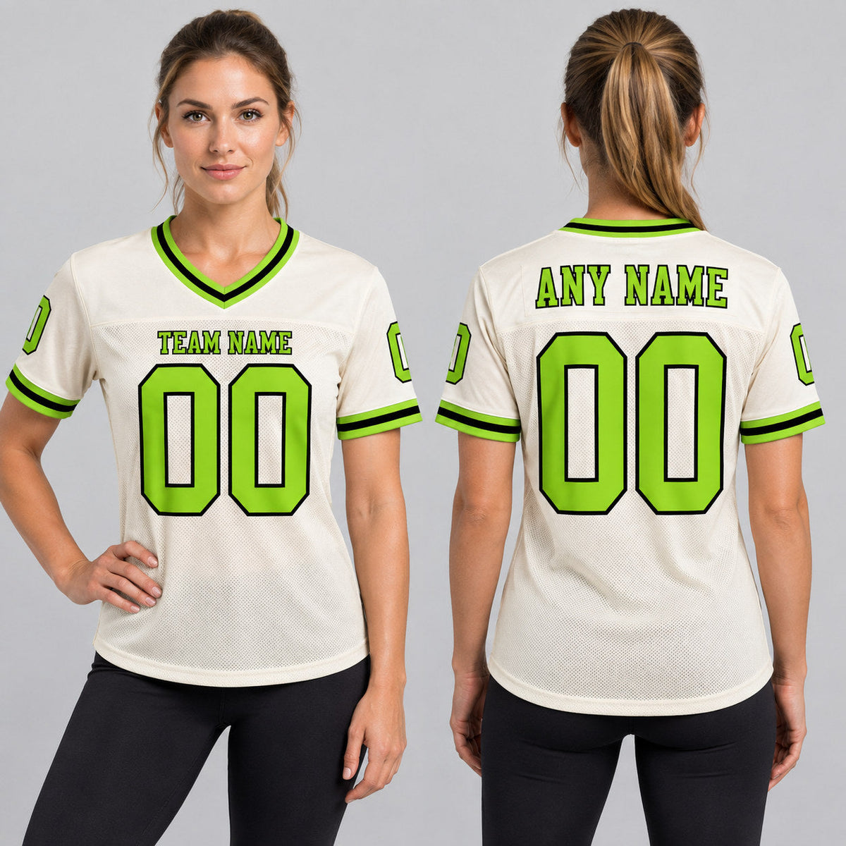 Custom Cream Mesh Authentic Football Jersey with Neon Green and Black Lettering worn by female model