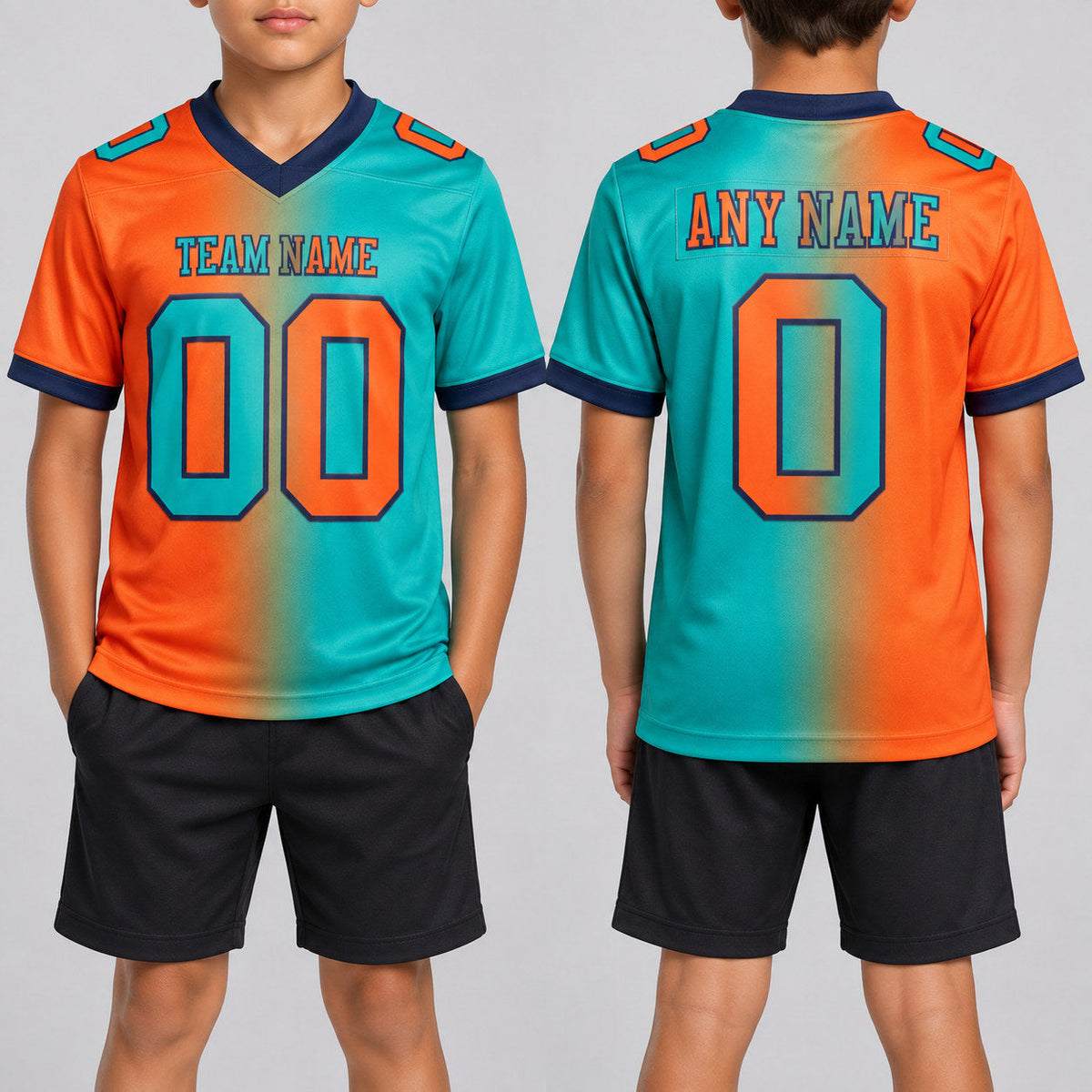 Custom Aqua Gradient Authentic Football Jersey with Orange and Navy Lettering youth size worn by child model