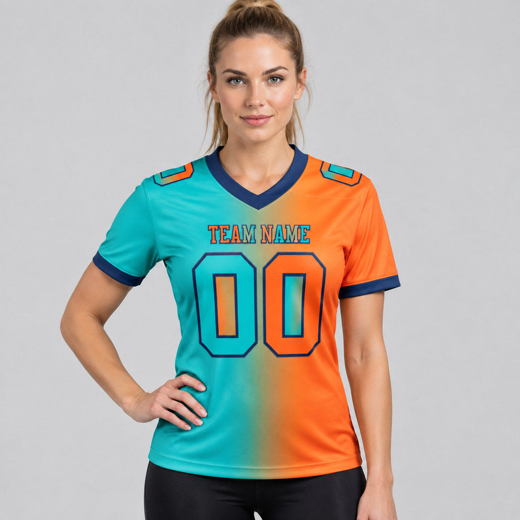 Custom Aqua Gradient Authentic Football Jersey with Orange and Navy Lettering worn by female model