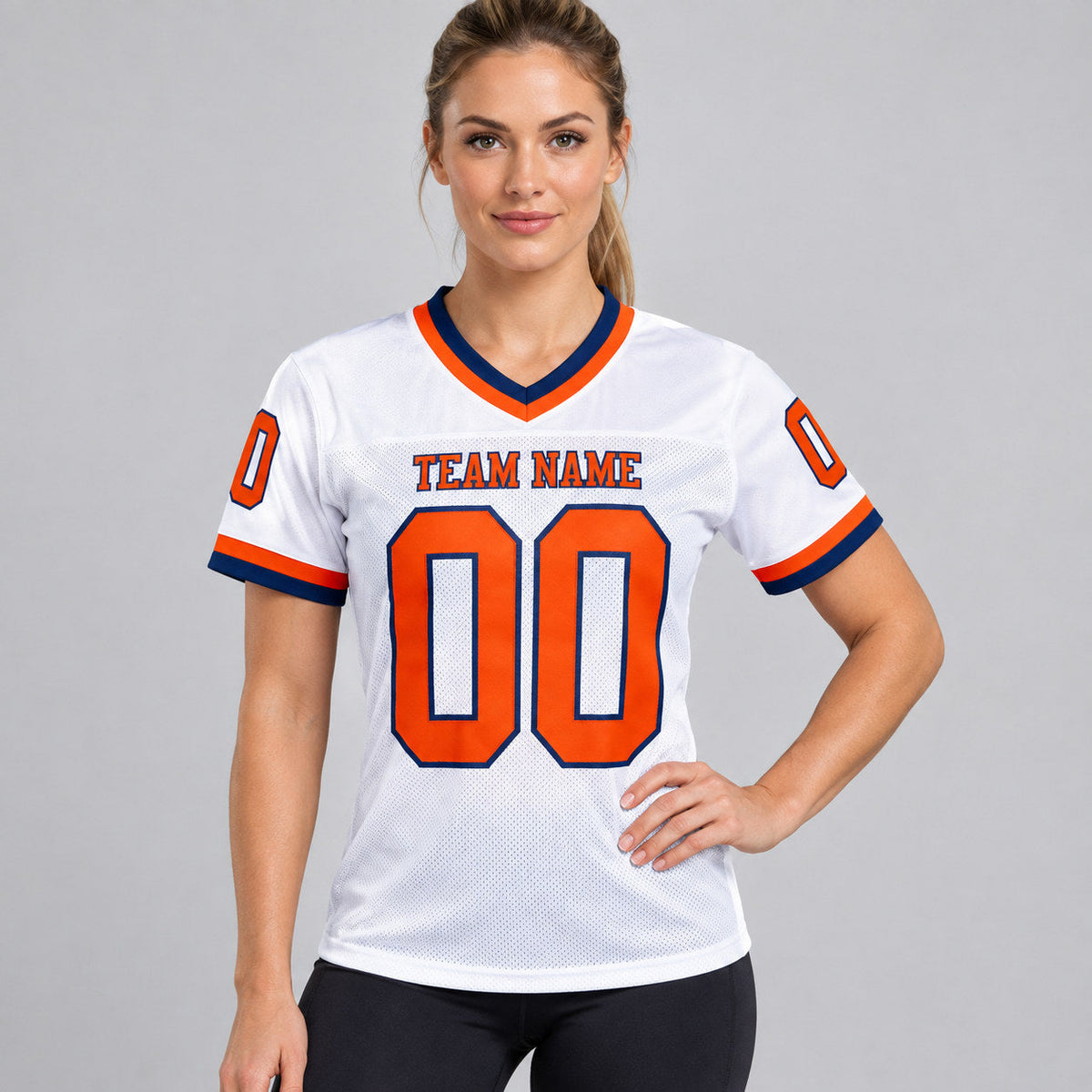 Custom White Mesh Authentic Football Jersey with Orange and Royal Lettering Design 1870 worn by female model