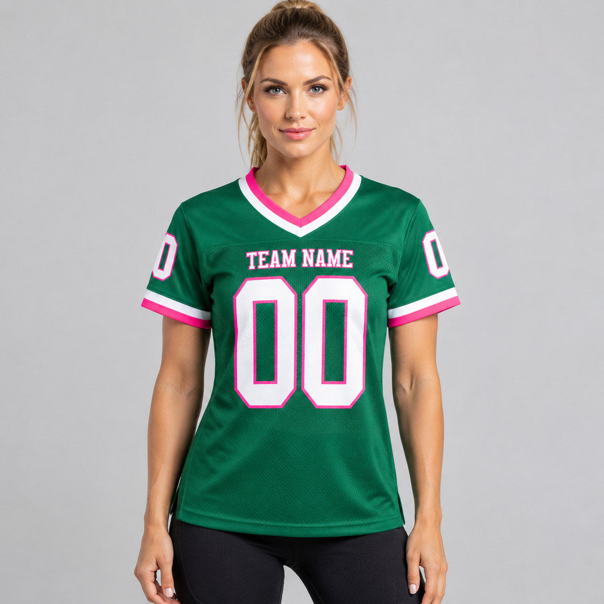 Custom Kelly Green Mesh Authentic Football Jersey with White and Pink Lettering Design 0617 worn by female model