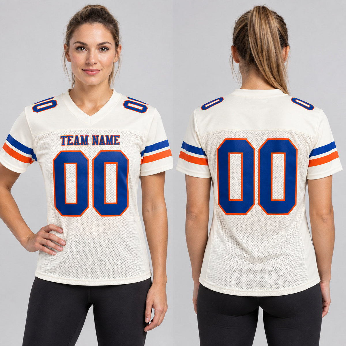 Custom Cream Mesh Authentic Football Jersey with Royal and Orange Lettering Design 0534 worn by female model