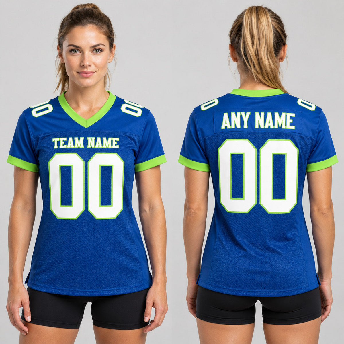 Custom Royal Mesh Authentic Football Jersey with White and Neon Green Lettering worn by female model