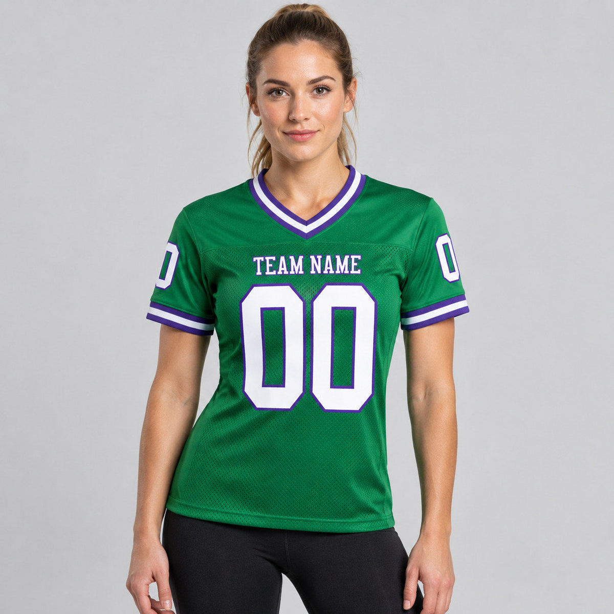 Custom Grass Green Mesh Authentic Football Jersey with White and Purple Lettering Design 0103 worn by female model