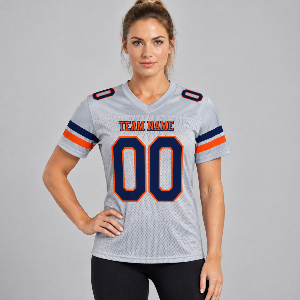 Custom Light Gray Mesh Authentic Football Jersey with Navy and Orange Lettering worn by female model