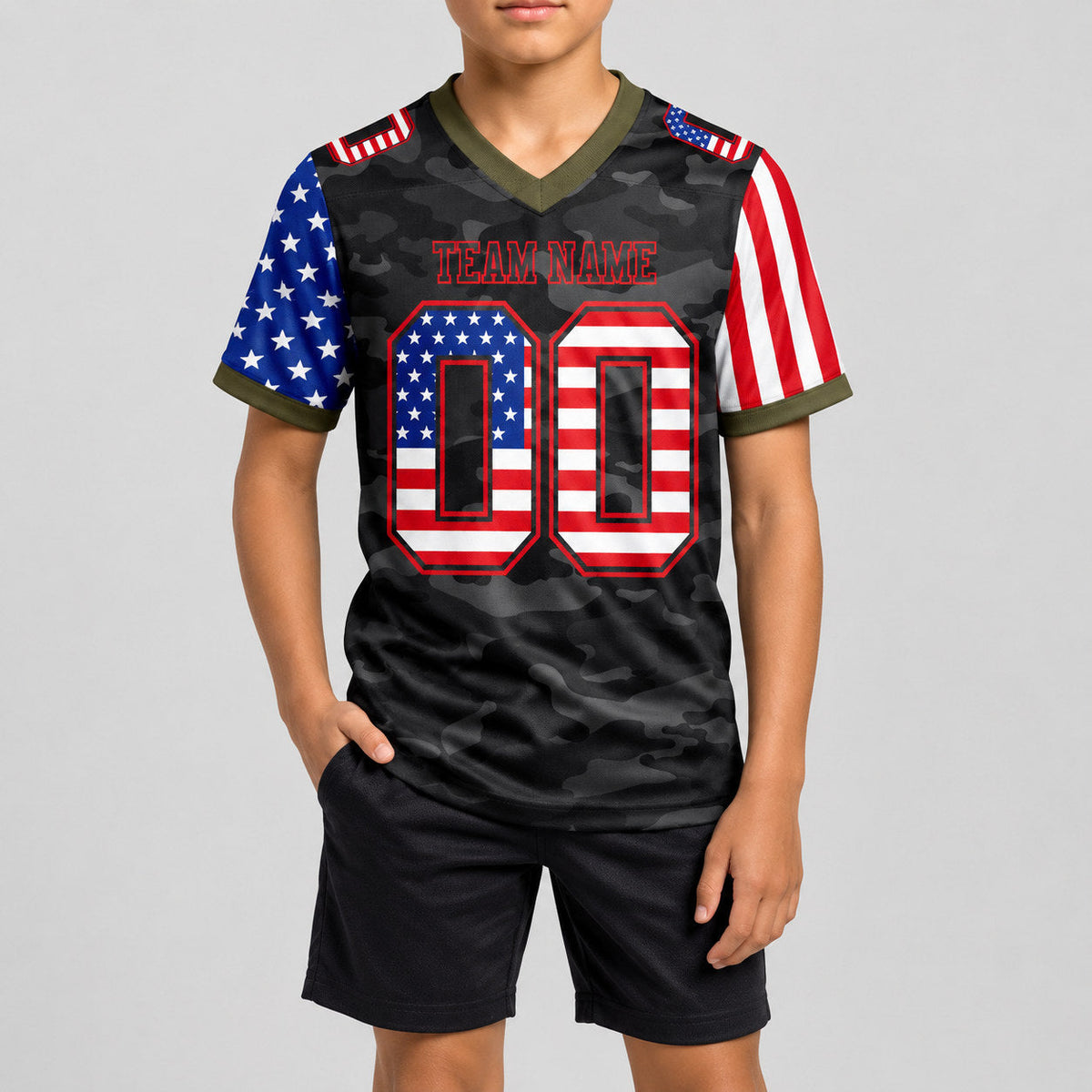 Custom Black Camo USA Flag Authentic Two Tone 7v7 Flag Football Jersey with Red and Olive Lettering youth size worn by child model