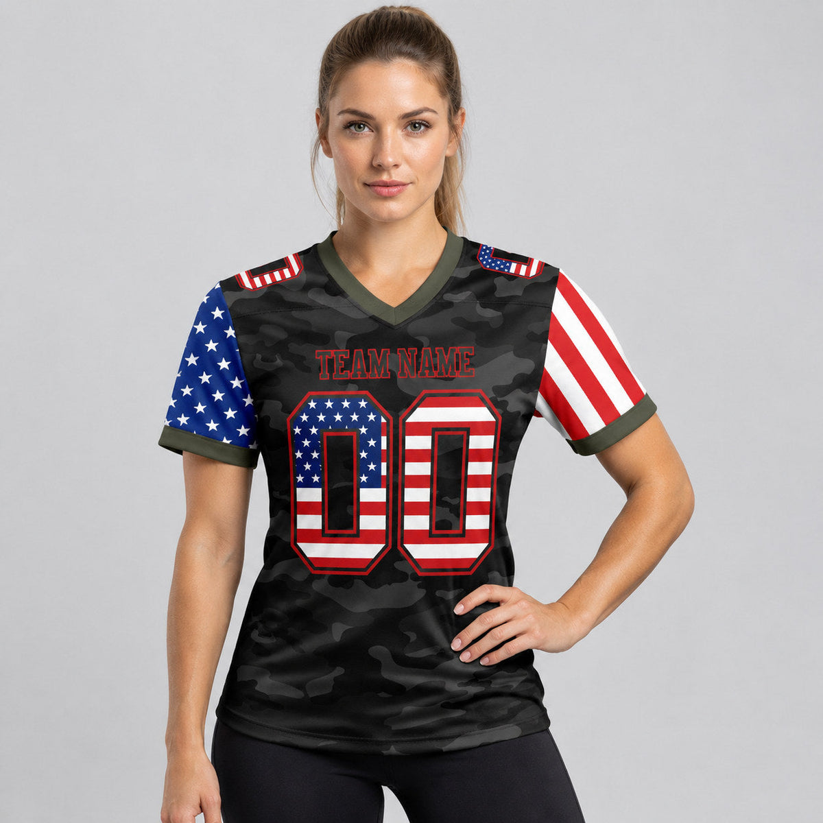 Custom Black Camo USA Flag Authentic Two Tone 7v7 Flag Football Jersey with Red and Olive Lettering worn by female model