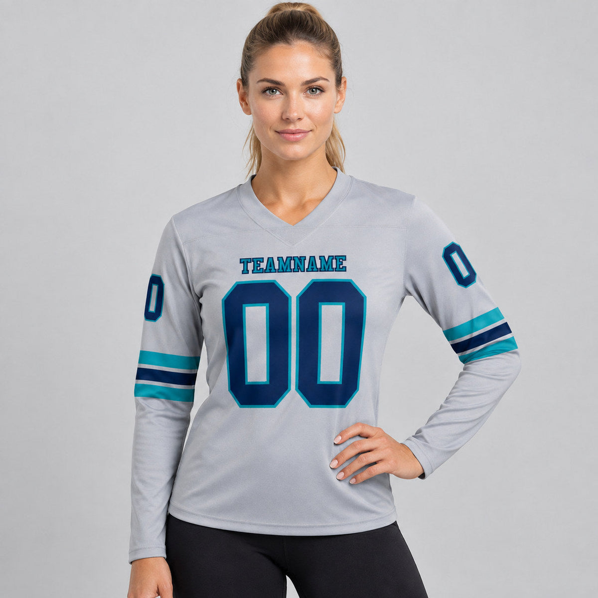 Custom Gray Long Sleeve Authentic Football Jersey with Navy and Teal Lettering worn by female model