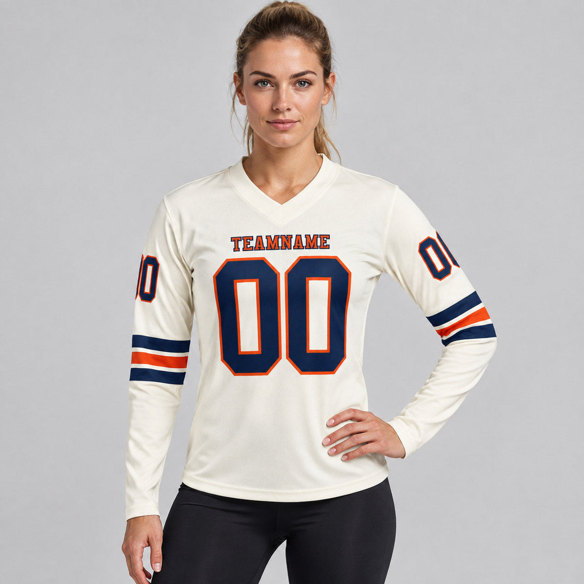 Custom Cream Long Sleeve Authentic Football Jersey with Navy and Orange Lettering worn by female model