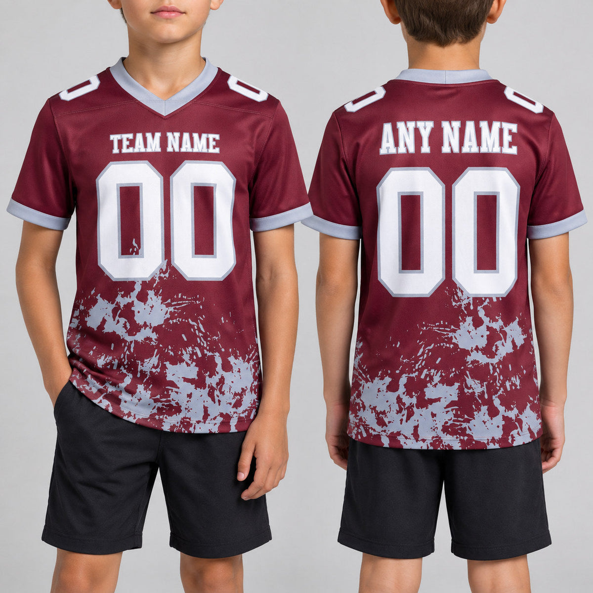 Custom Burgundy Splash Authentic Football Jersey with White and Gray Lettering youth size worn by child model