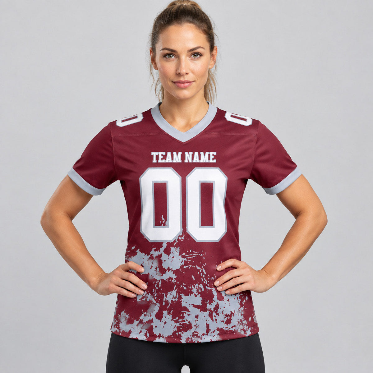 Custom Burgundy Splash Authentic Football Jersey with White and Gray Lettering worn by female model