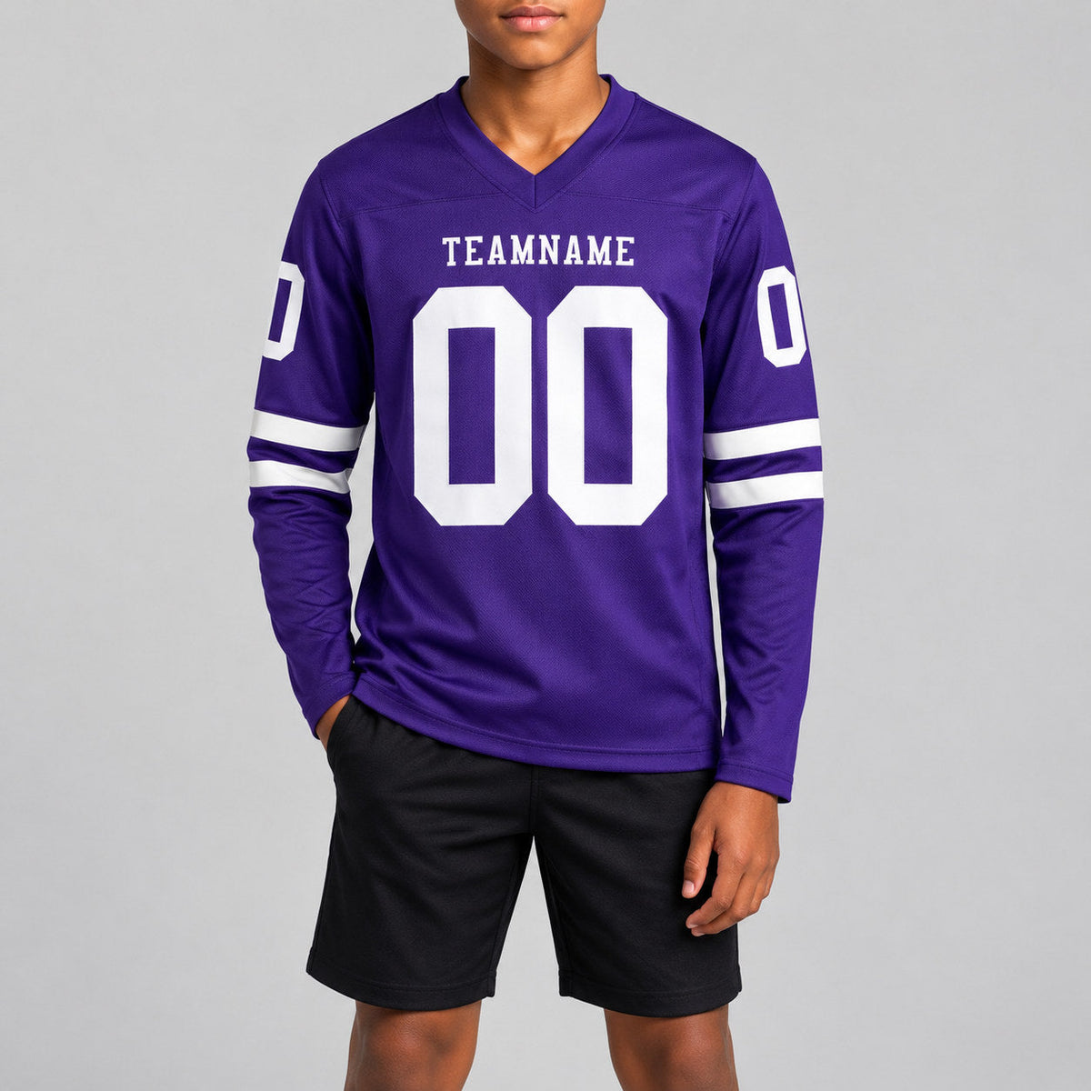 Custom Purple Long Sleeve Authentic Football Jersey with White Lettering Design 0663 youth size worn by child model