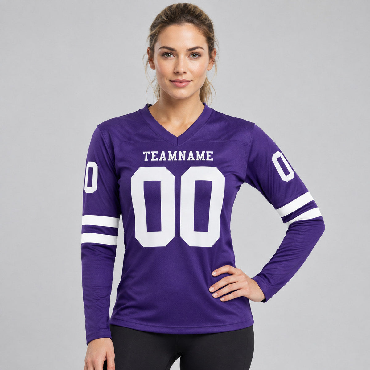 Custom Purple Long Sleeve Authentic Football Jersey with White Lettering Design 0663 worn by female model