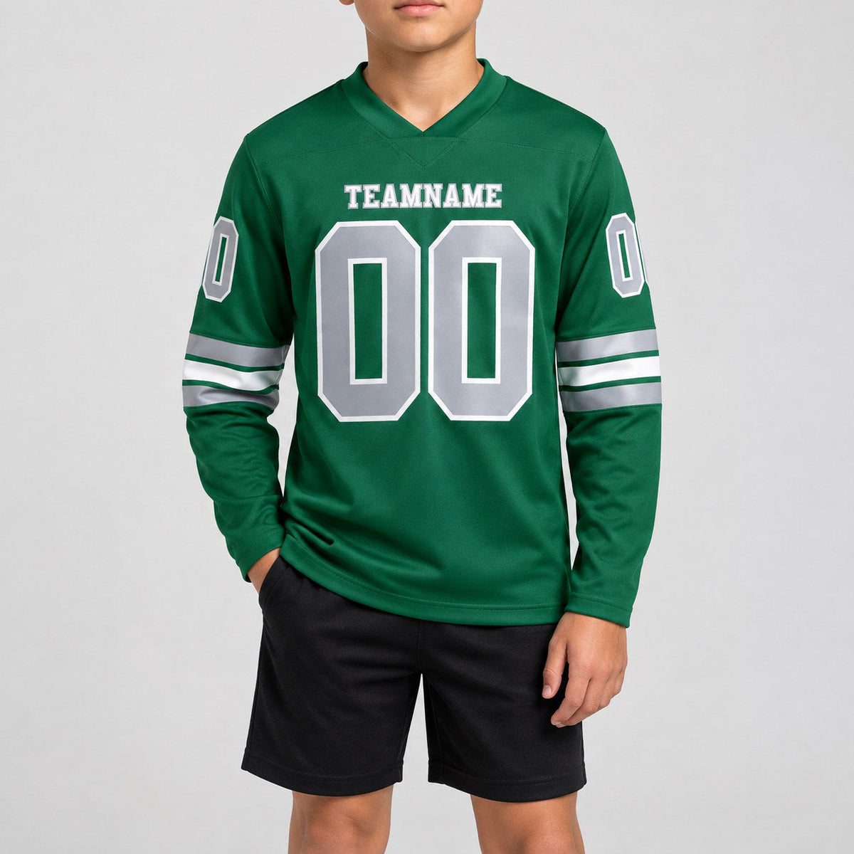 Custom Kelly Green Long Sleeve Authentic Football Jersey with Gray and White Lettering youth size worn by child model