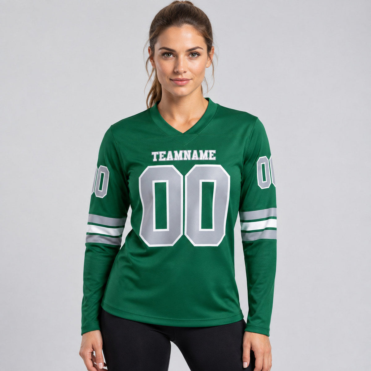 Custom Kelly Green Long Sleeve Authentic Football Jersey with Gray and White Lettering worn by female model