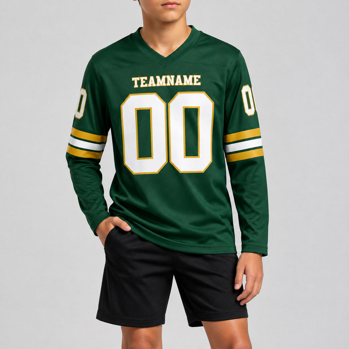 Custom Green Long Sleeve Authentic Football Jersey with White and Old Gold Lettering youth size worn by child model