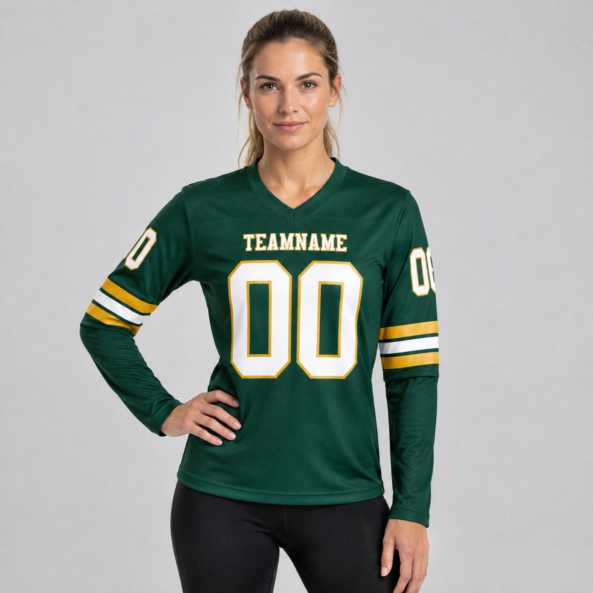 Custom Green Long Sleeve Authentic Football Jersey with White and Old Gold Lettering worn by female model