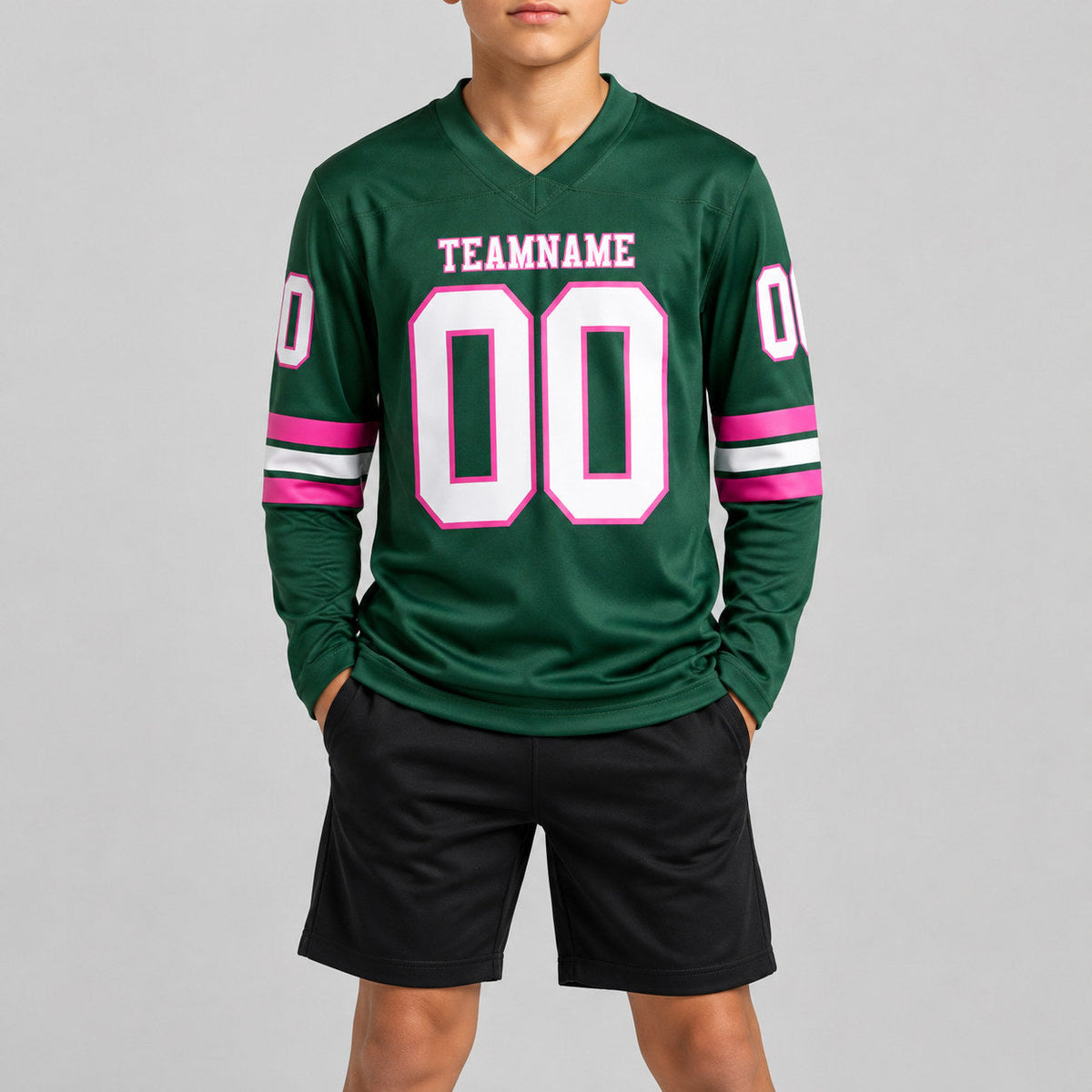 Custom Green Long Sleeve Authentic Football Jersey with White and Pink Lettering youth size worn by child model