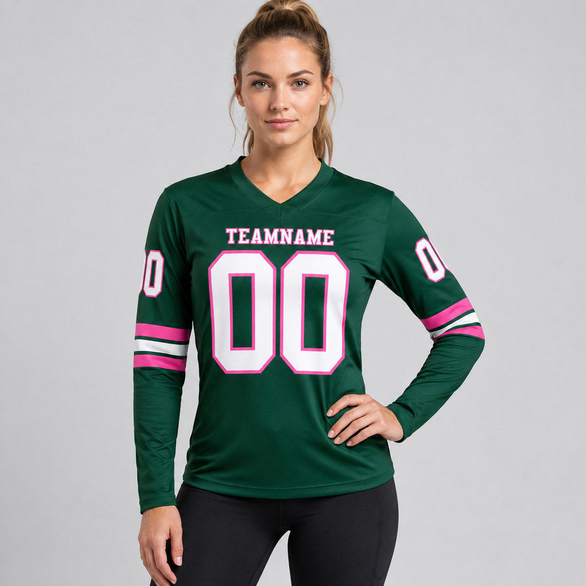 Custom Green Long Sleeve Authentic Football Jersey with White and Pink Lettering worn by female model