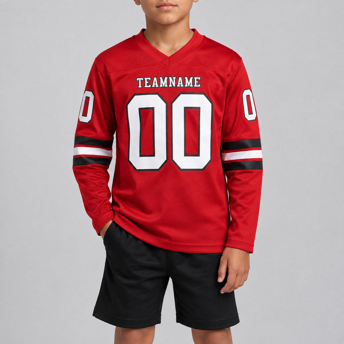 Custom Red Long Sleeve Authentic Football Jersey with White and Black Lettering youth size worn by child model