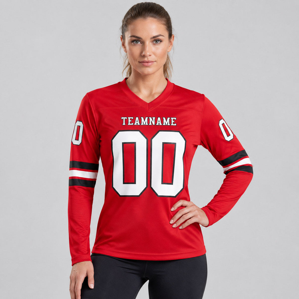 Custom Red Long Sleeve Authentic Football Jersey with White and Black Lettering worn by female model