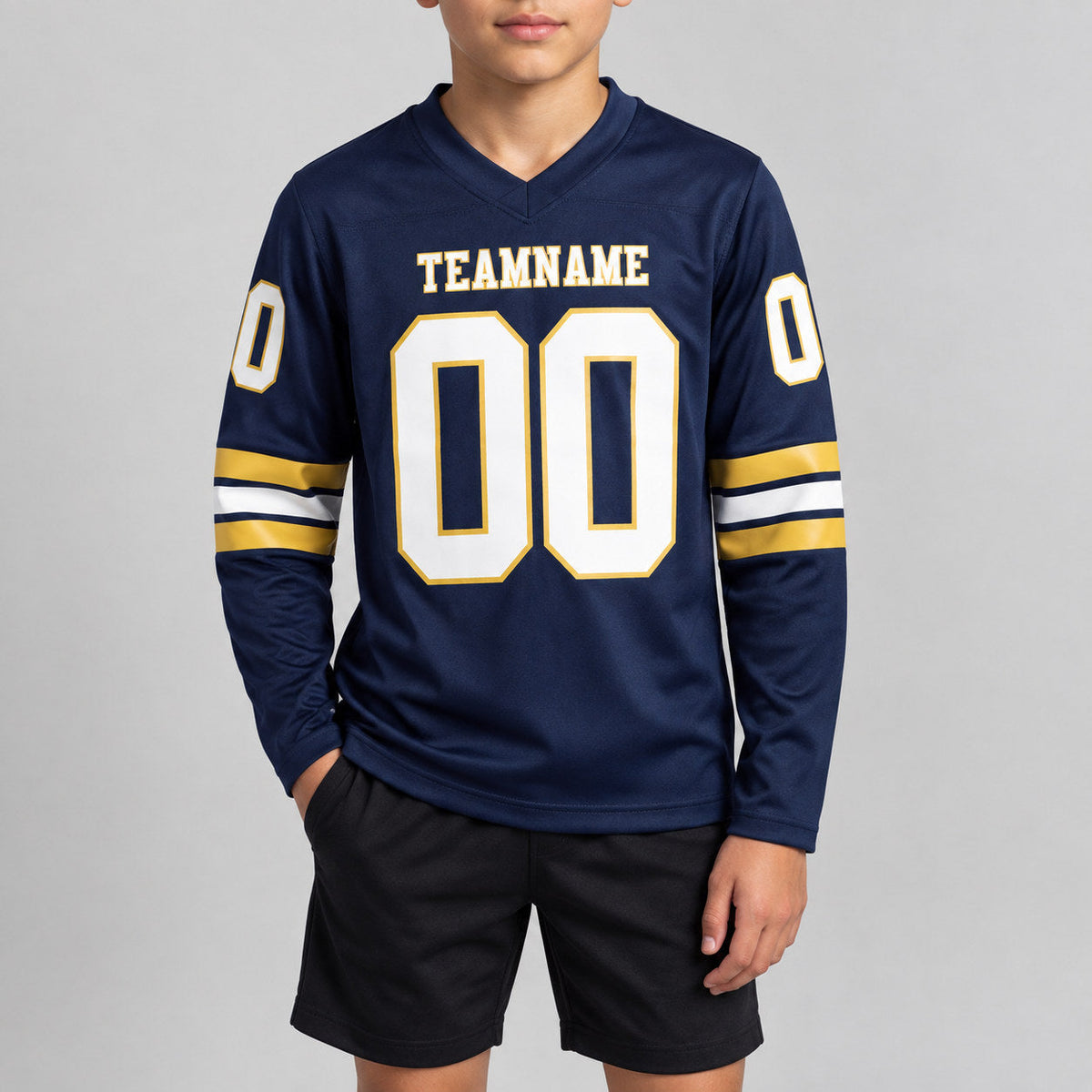 Custom Navy Long Sleeve Authentic Football Jersey with White and Old Gold Lettering youth size worn by child model