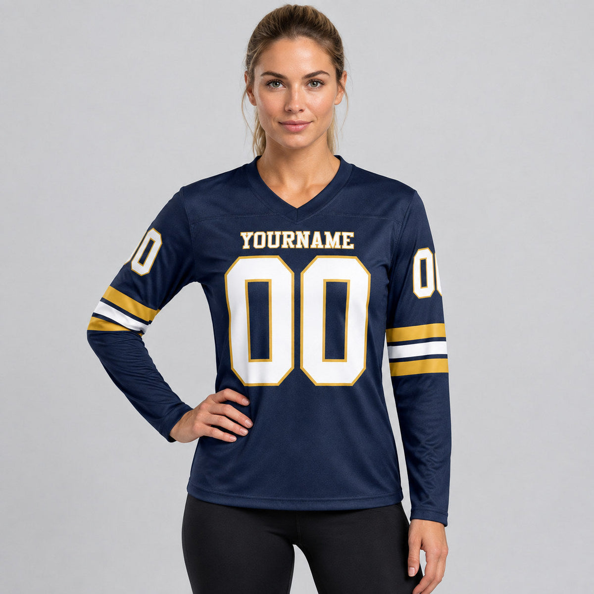 Custom Navy Long Sleeve Authentic Football Jersey with White and Old Gold Lettering worn by female model