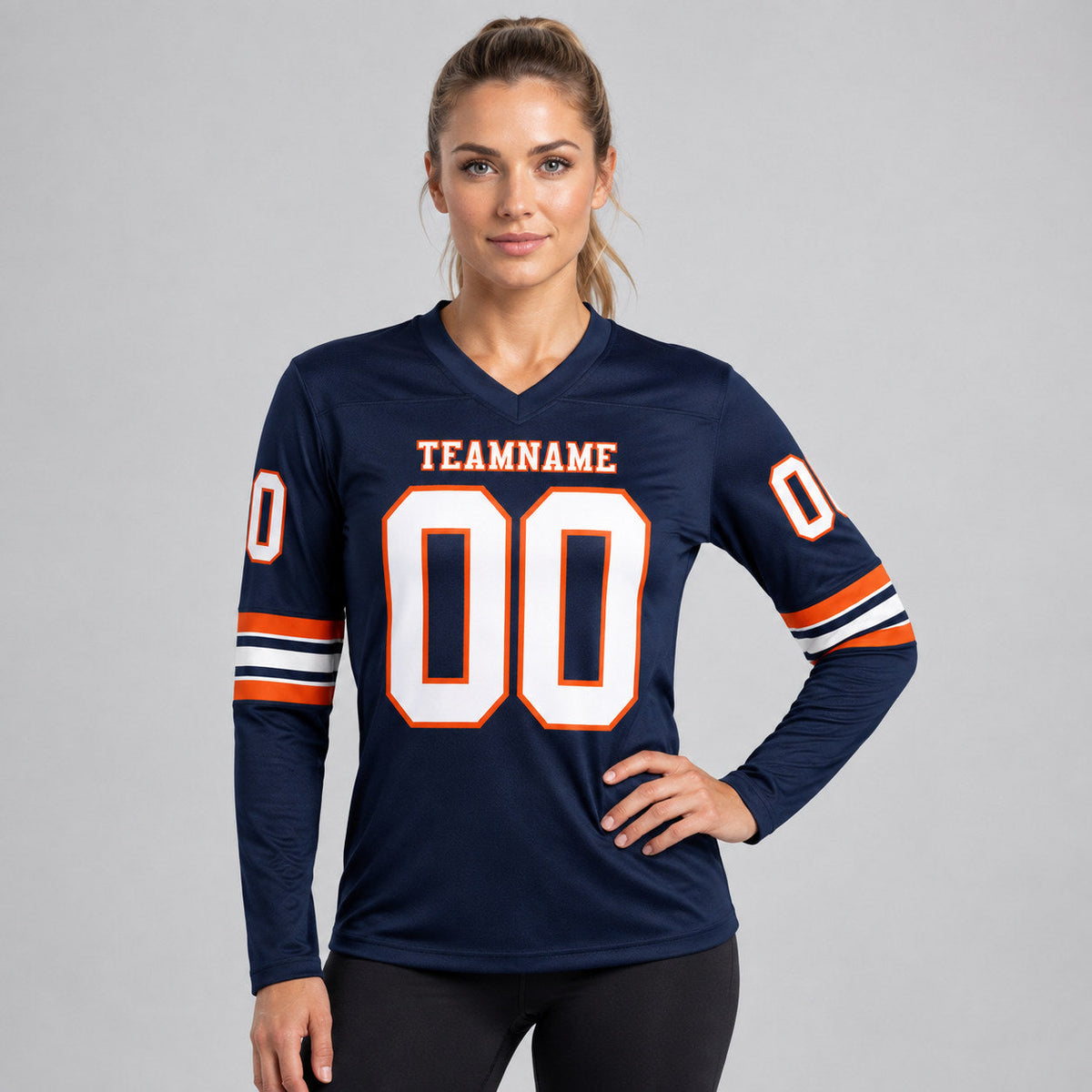 Custom Navy Long Sleeve Authentic Football Jersey with White and Orange Lettering worn by female model