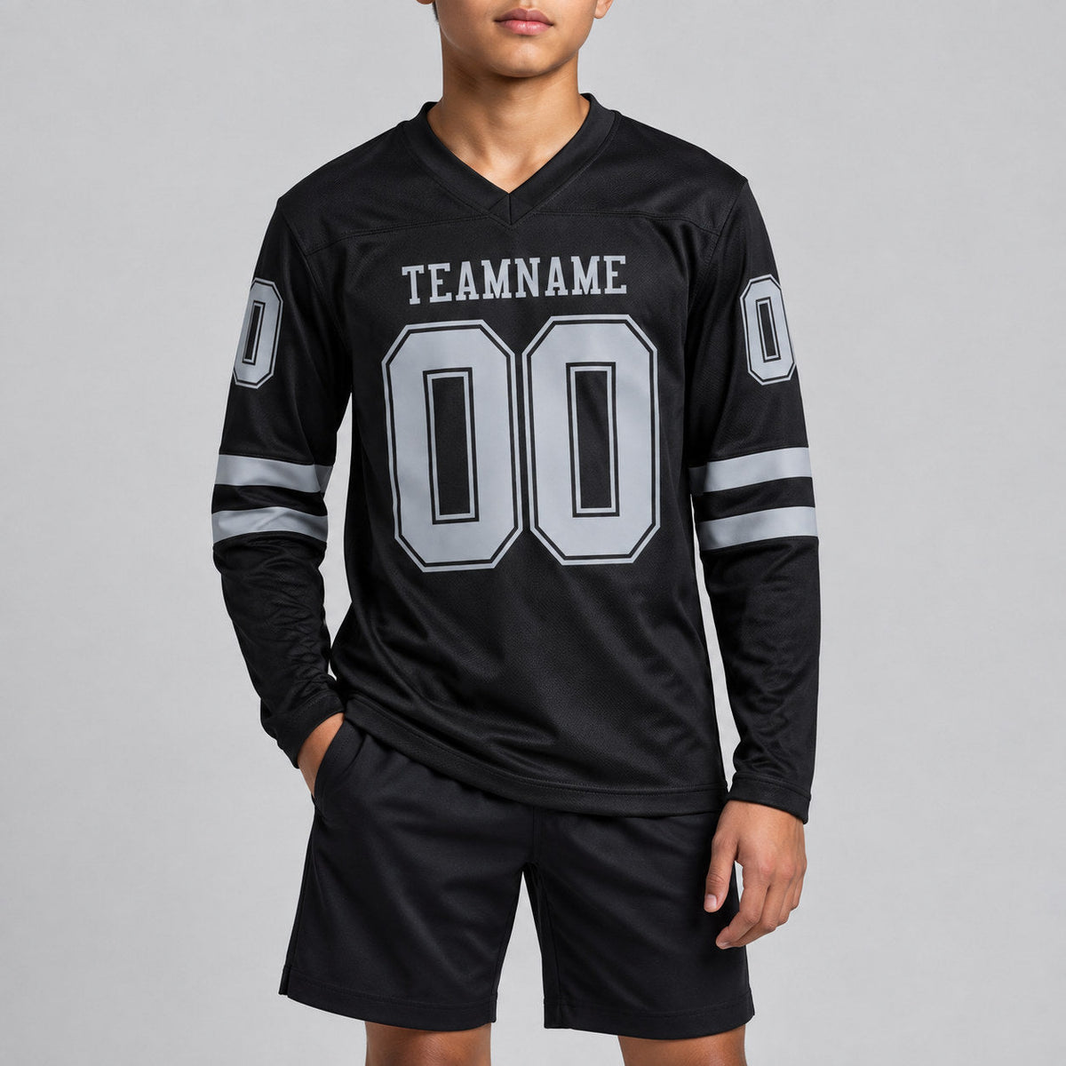 Custom Black Long Sleeve Authentic Football Jersey with Gray Lettering Design 0455 youth size worn by child model