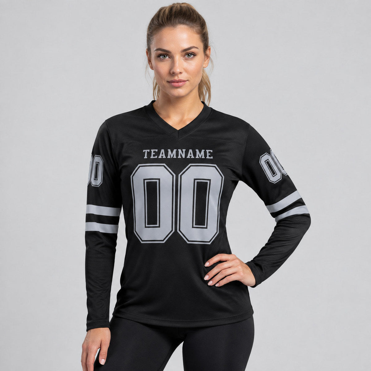 Custom Black Long Sleeve Authentic Football Jersey with Gray Lettering Design 0455 worn by female model