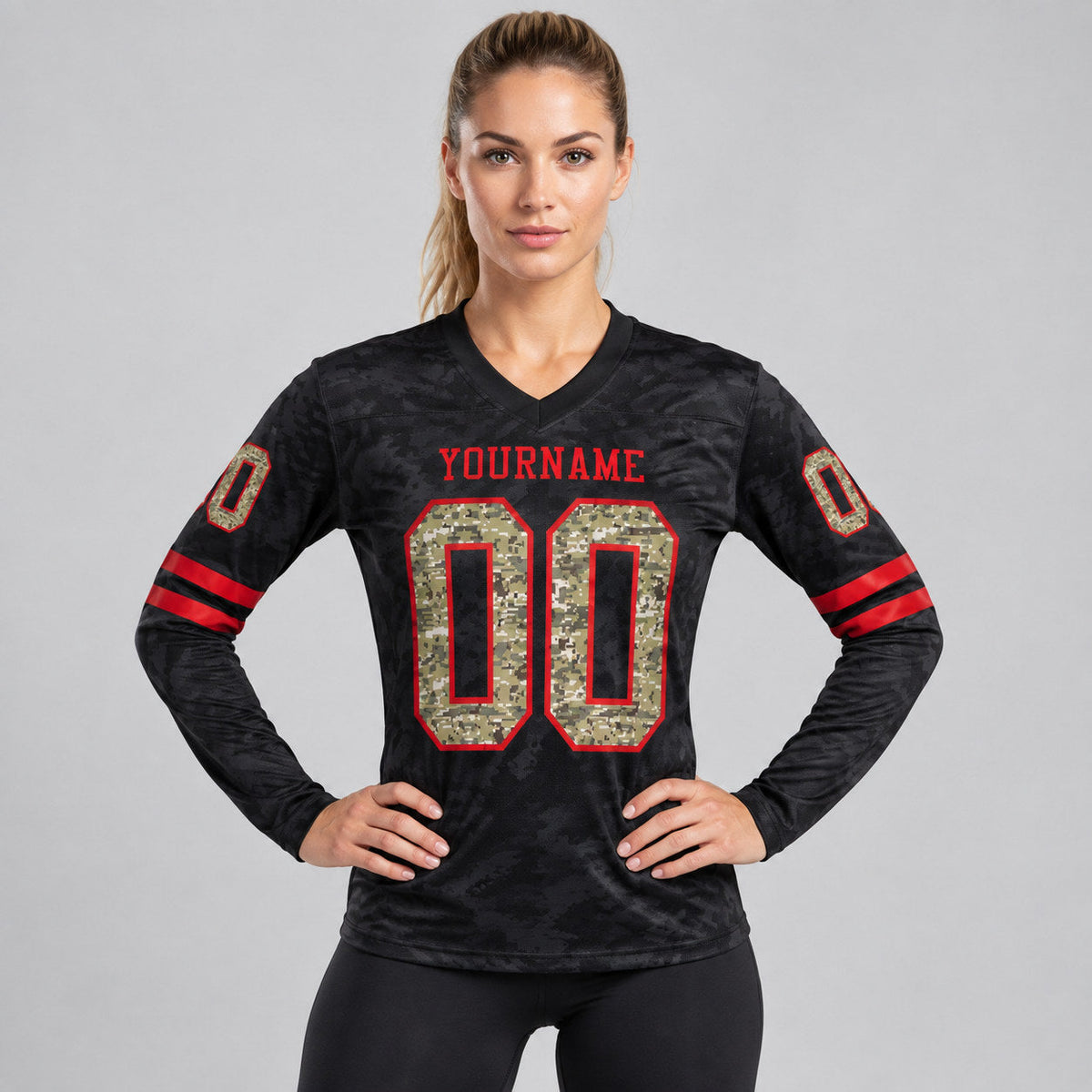 Custom Black Camo Long Sleeve Authentic Football Jersey with Red Lettering worn by female model