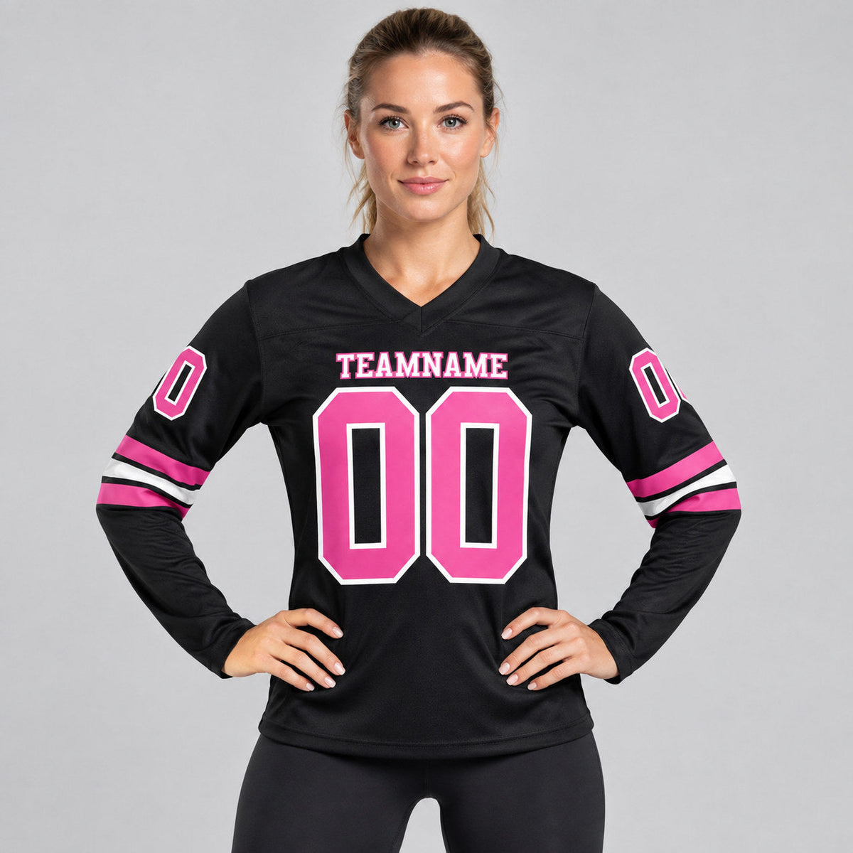 Custom Black Long Sleeve Authentic Football Jersey with Pink and White Lettering worn by female model