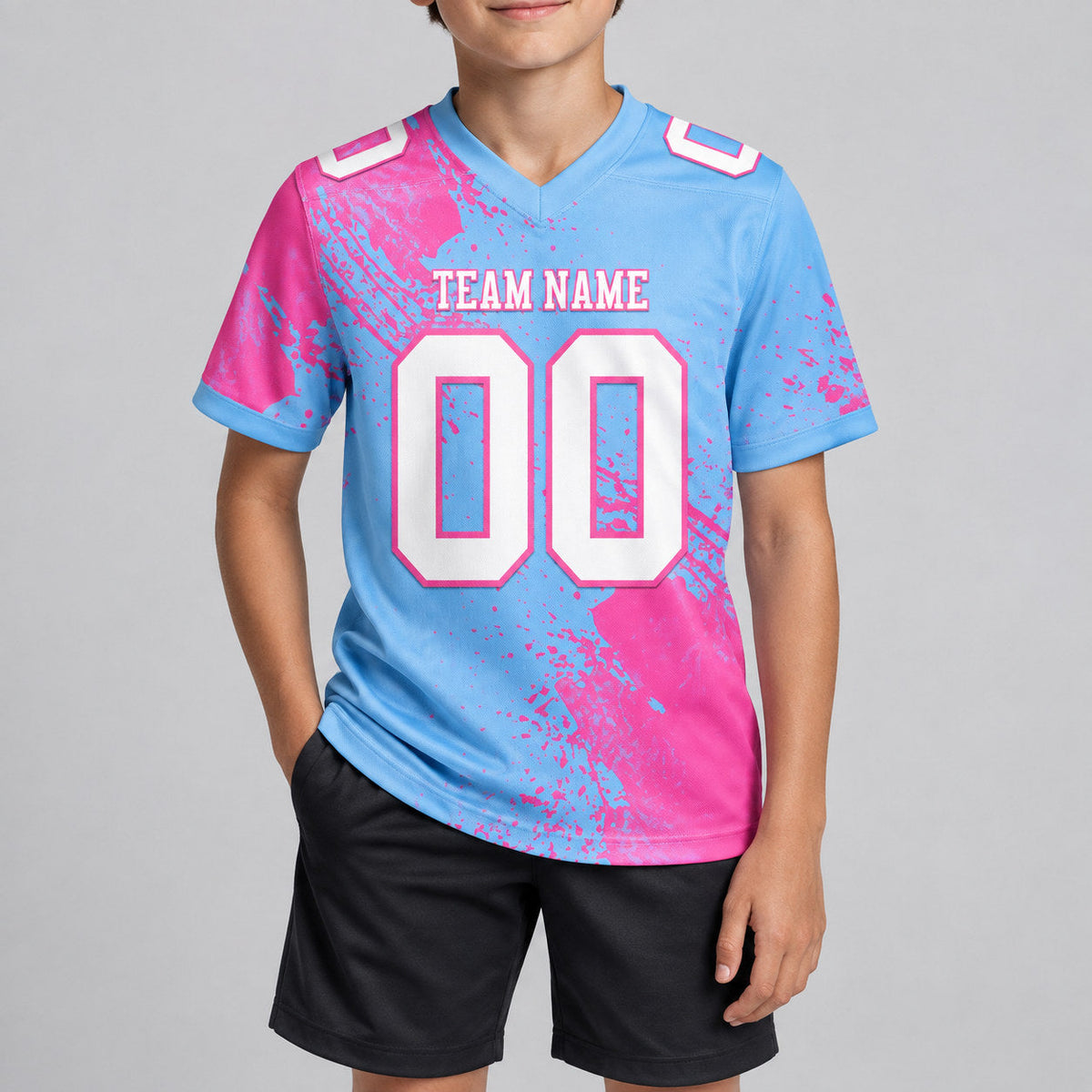 Custom Light Blue Abstract Brush Stroke Authentic Football Jersey with White and Pink Lettering youth size worn by child model