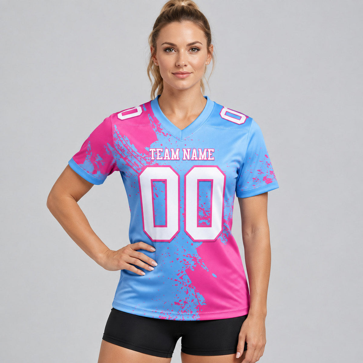 Custom Light Blue Abstract Brush Stroke Authentic Football Jersey with White and Pink Lettering worn by female model