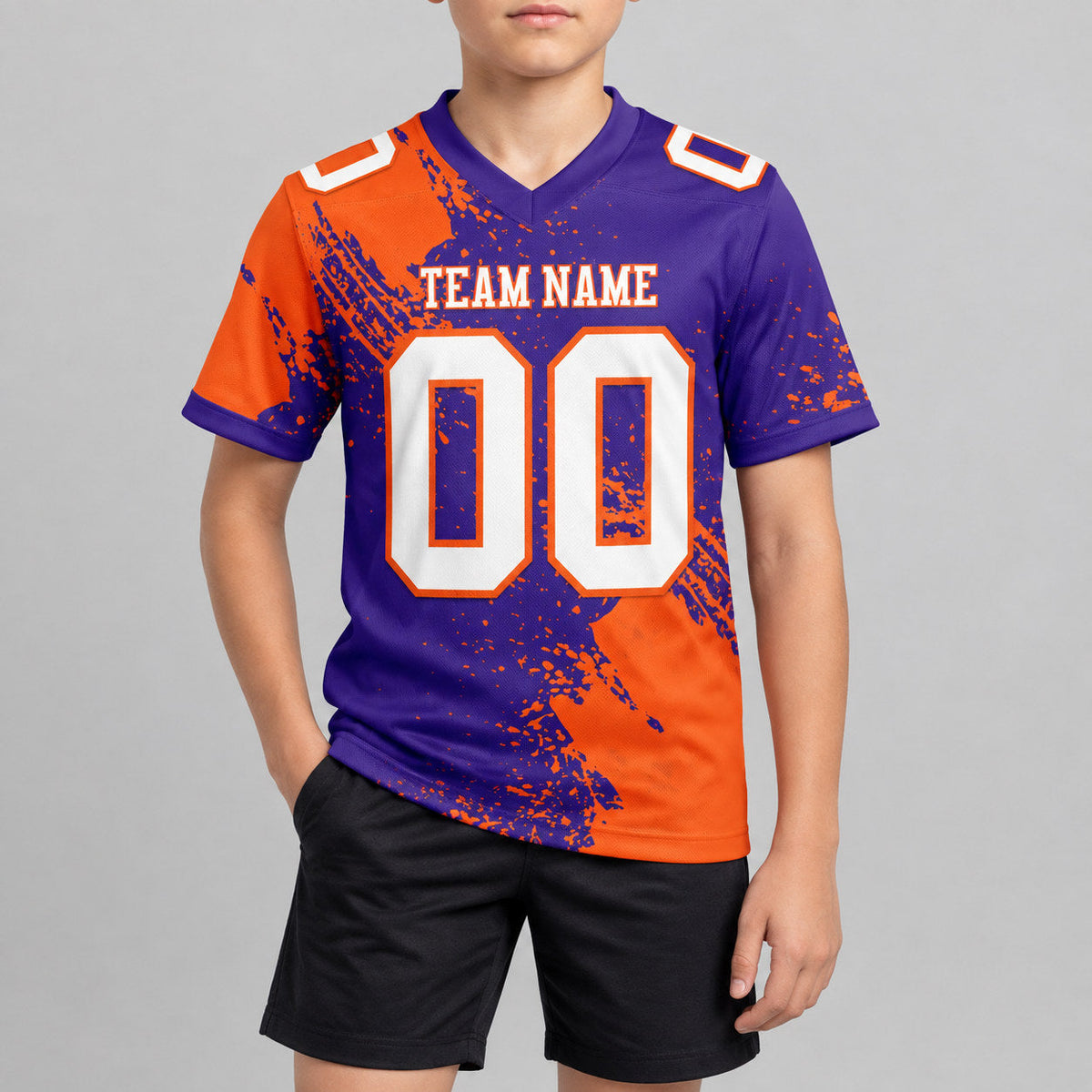 Custom Purple Abstract Brush Stroke Authentic Football Jersey with White and Orange Lettering youth size worn by child model