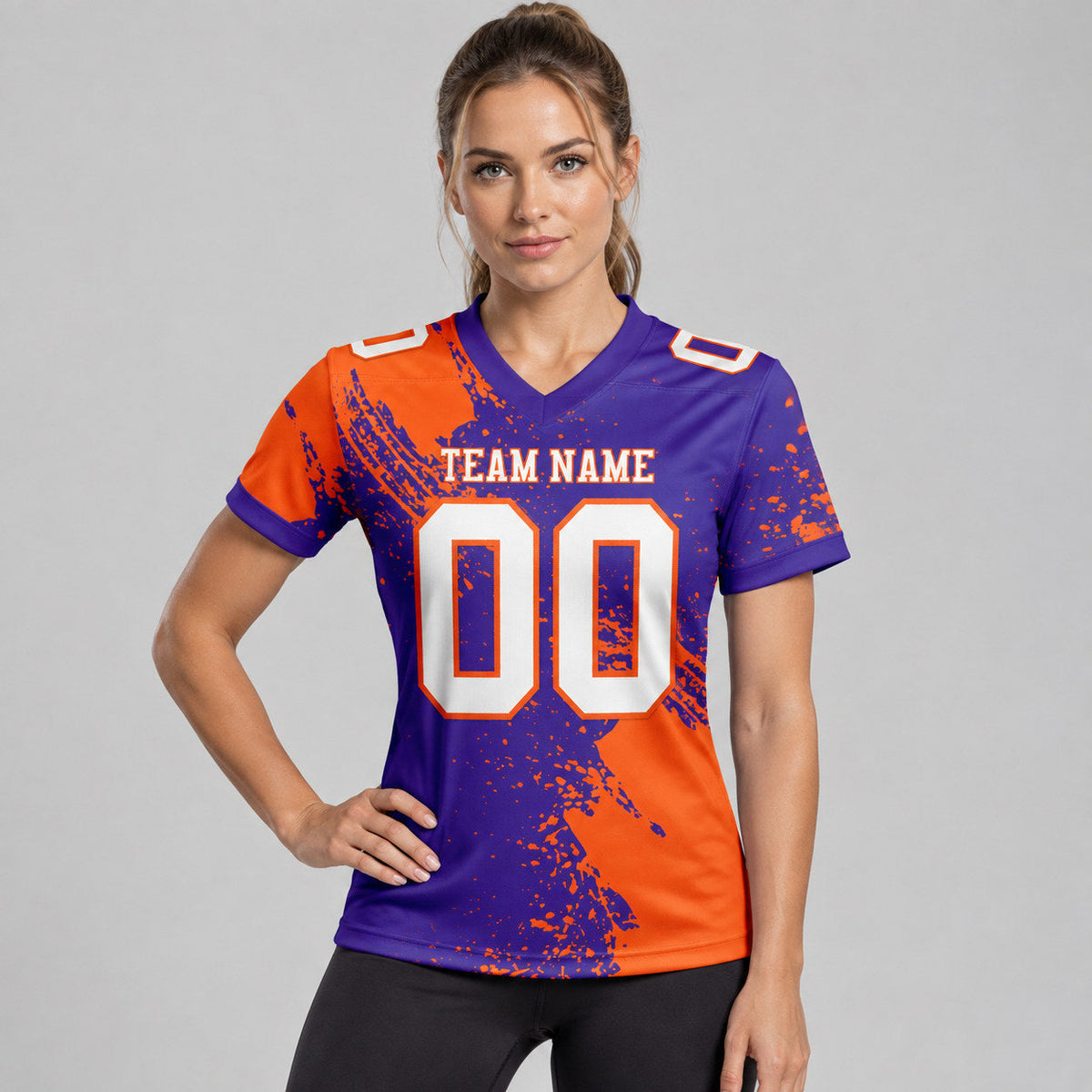 Custom Purple Abstract Brush Stroke Authentic Football Jersey with White and Orange Lettering worn by female model