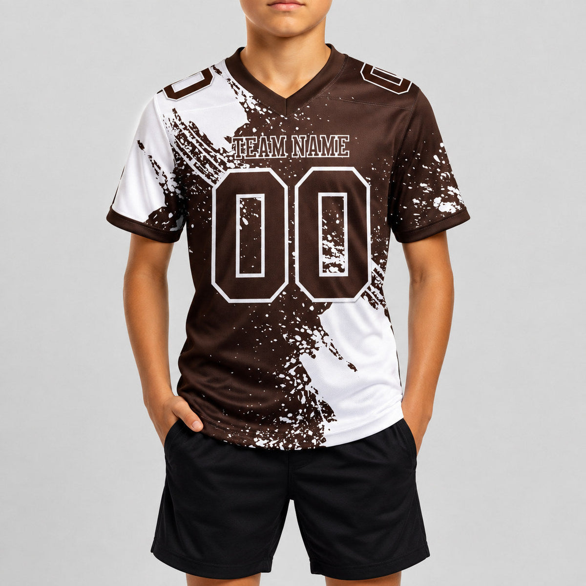 Custom Brown Abstract Brush Stroke Authentic Football Jersey with White Lettering youth size worn by child model