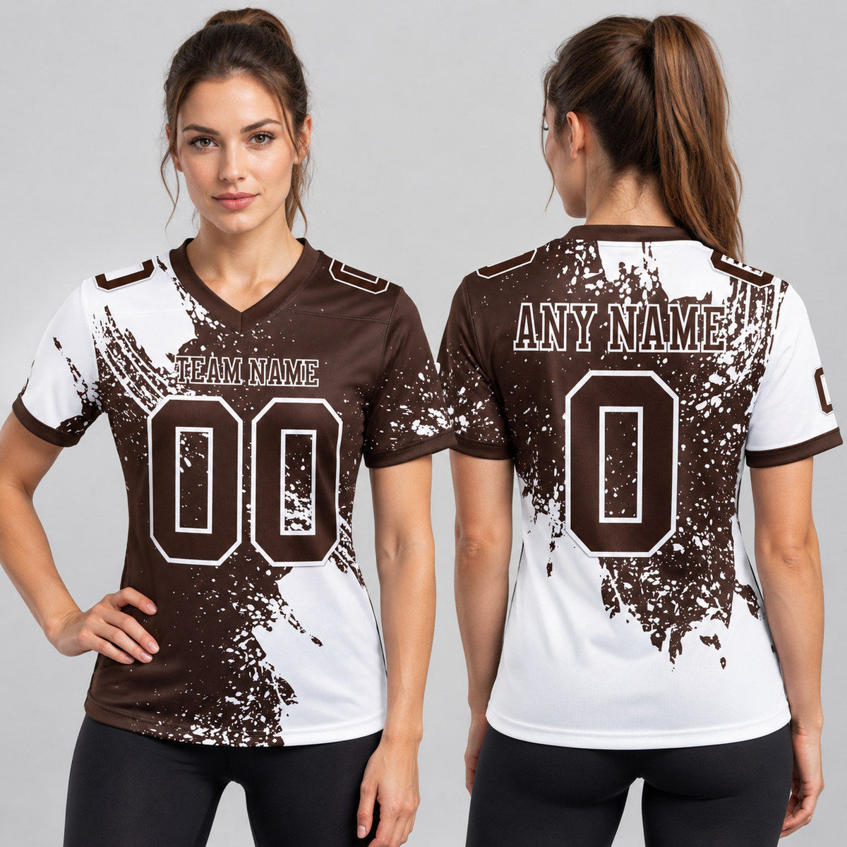 Custom Brown Abstract Brush Stroke Authentic Football Jersey with White Lettering worn by female model