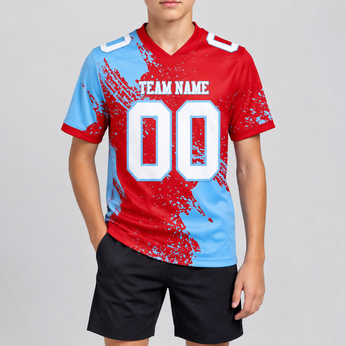 Custom Red Abstract Brush Stroke Authentic Football Jersey with White and Light Blue Lettering youth size worn by child model