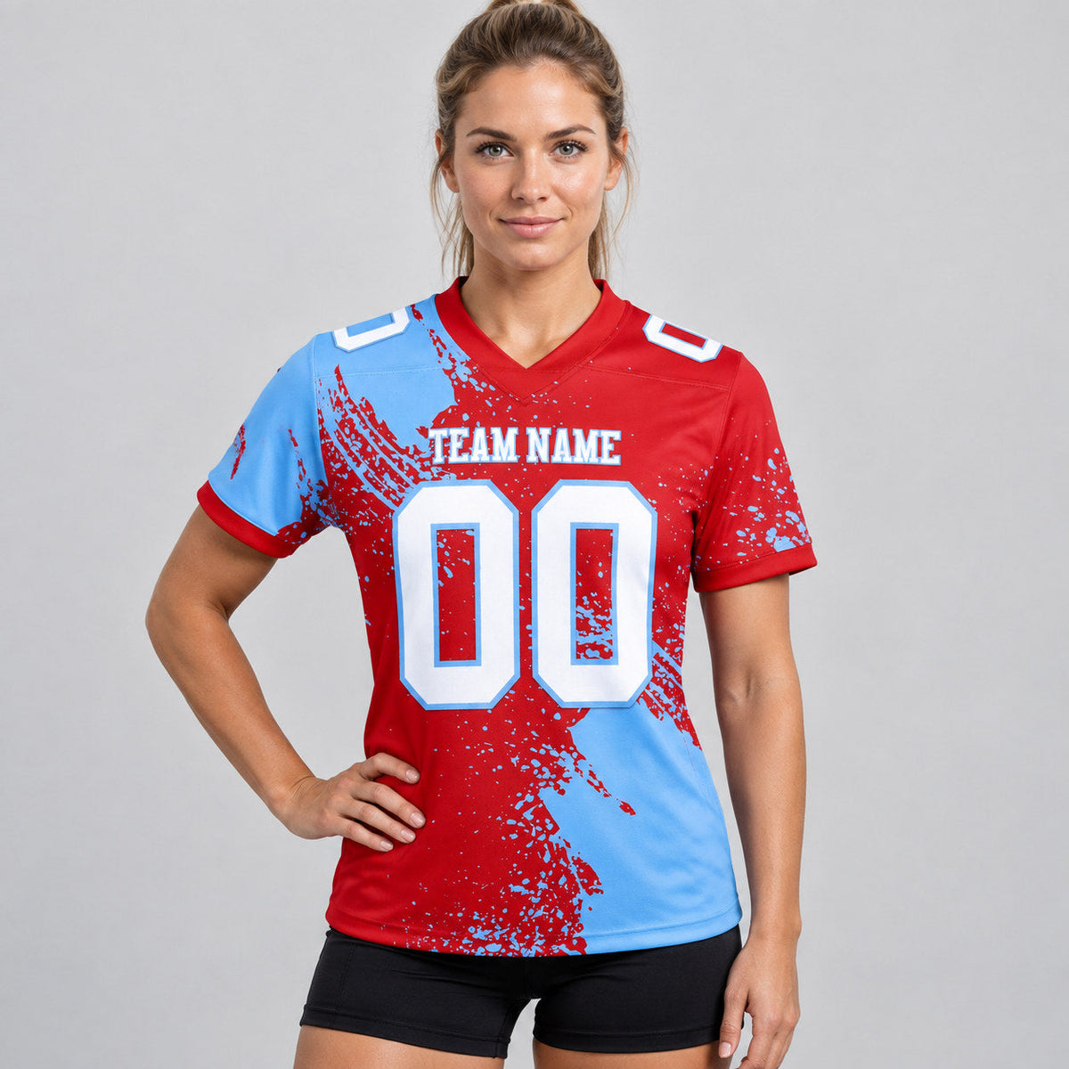 Custom Red Abstract Brush Stroke Authentic Football Jersey with White and Light Blue Lettering worn by female model