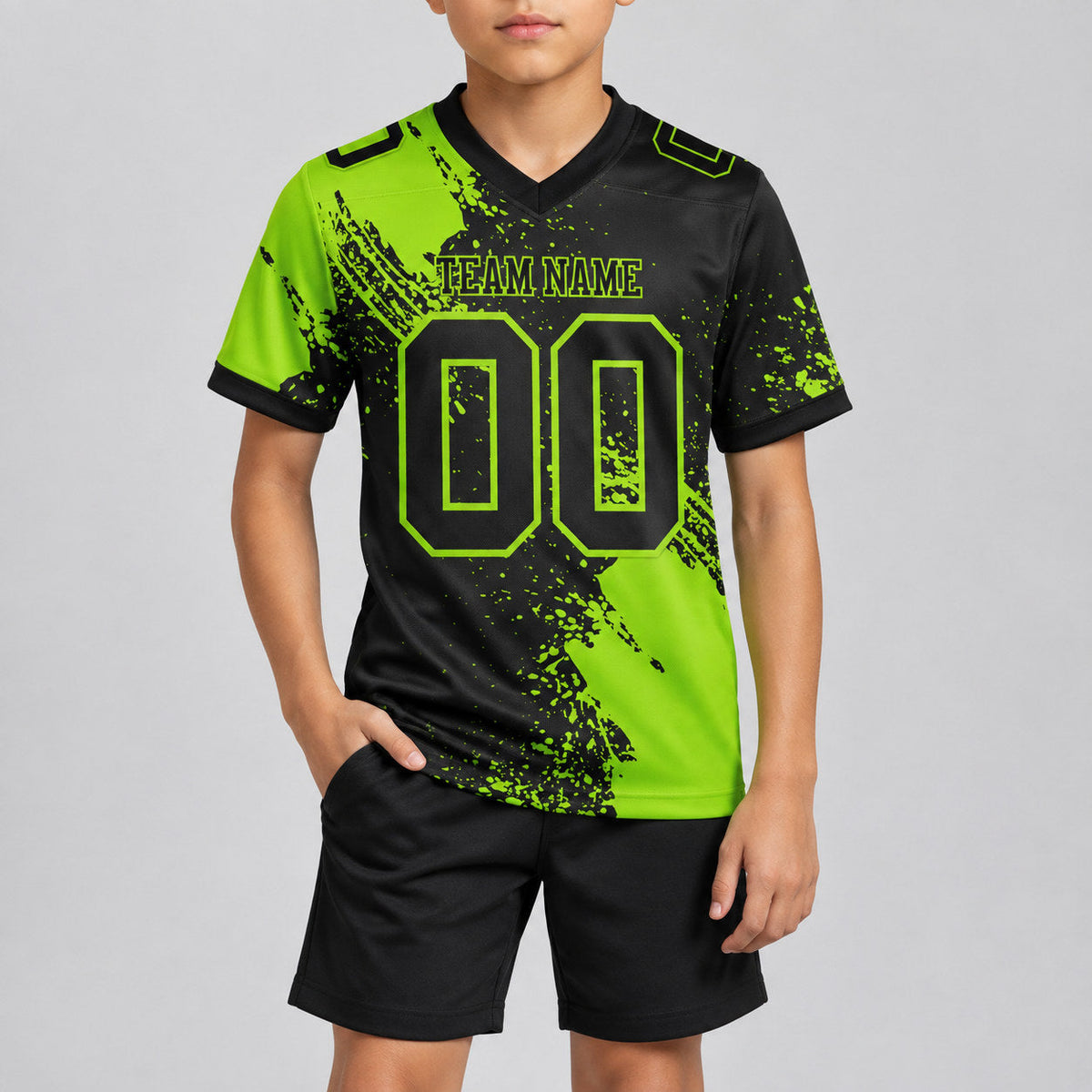 Custom Black Abstract Brush Stroke Authentic Football Jersey with Neon Green Lettering youth size worn by child model