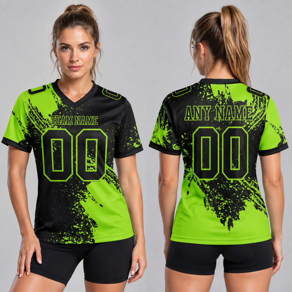 Custom Black Abstract Brush Stroke Authentic Football Jersey with Neon Green Lettering worn by female model