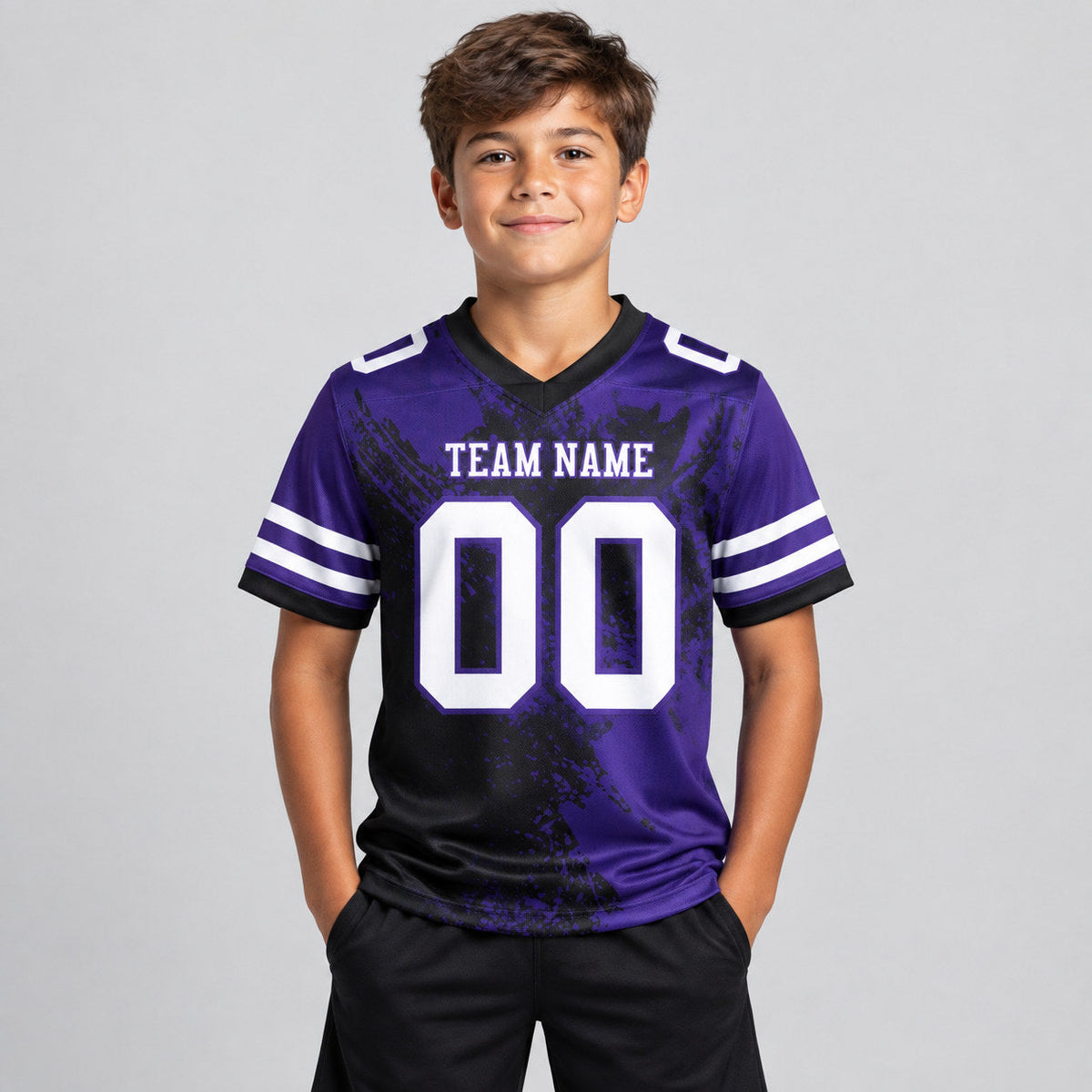 Custom Black Abstract Brush Stroke Authentic Football Jersey with White and Purple Lettering youth size worn by child model