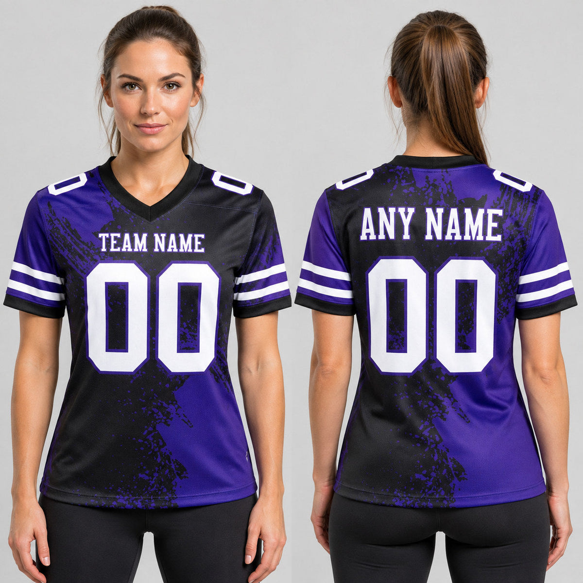 Custom Black Abstract Brush Stroke Authentic Football Jersey with White and Purple Lettering worn by female model
