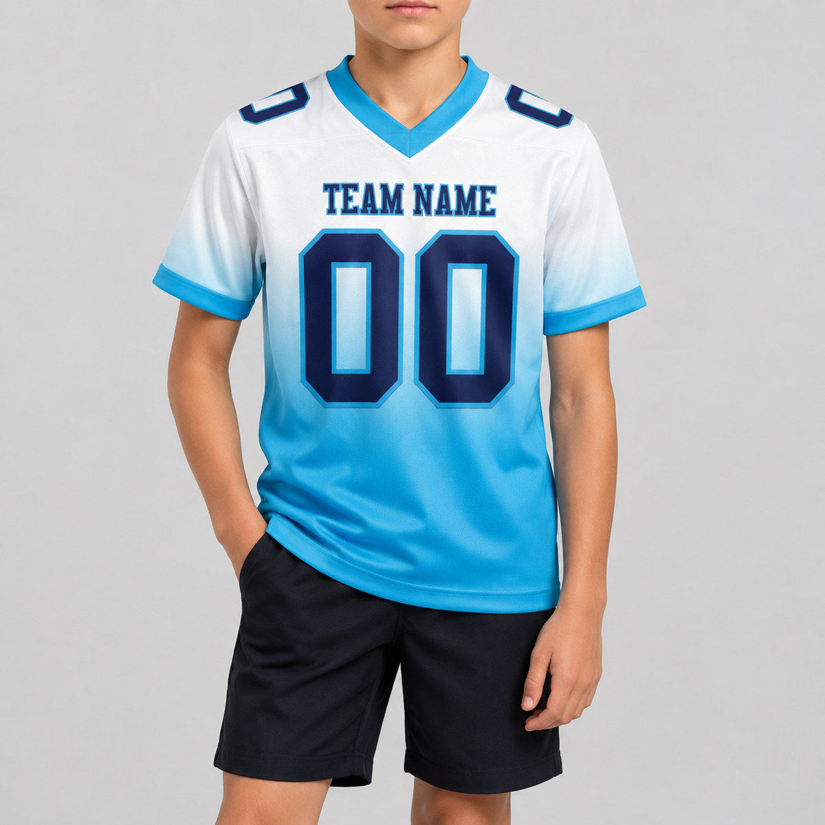 Custom White Fade Authentic Football Jersey with Navy and Panther Blue Lettering youth size worn by child model