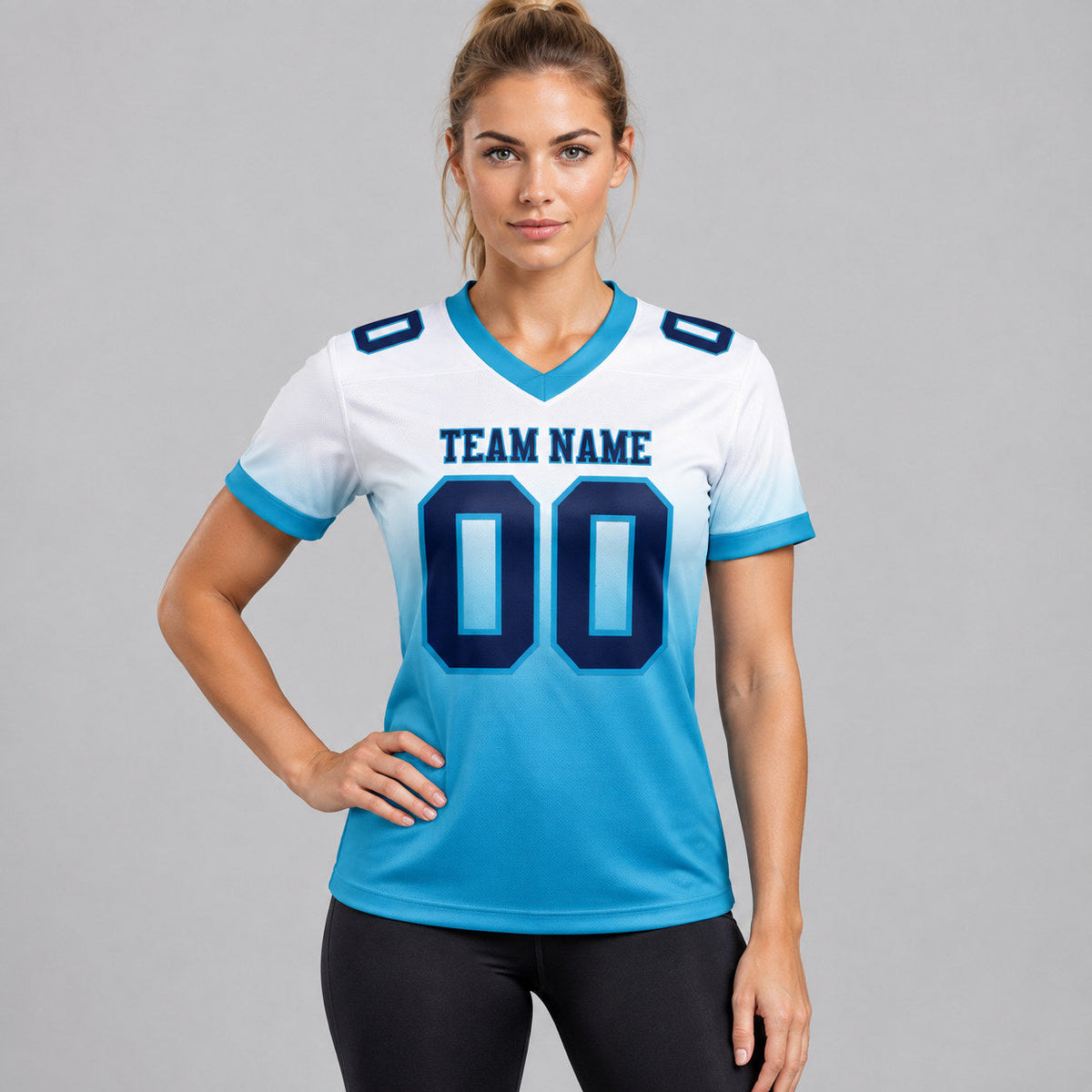 Custom White Fade Authentic Football Jersey with Navy and Panther Blue Lettering worn by female model
