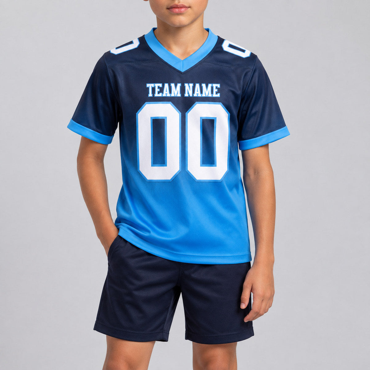 Custom Navy Fade Authentic Football Jersey with White and Powder Blue Lettering youth size worn by child model