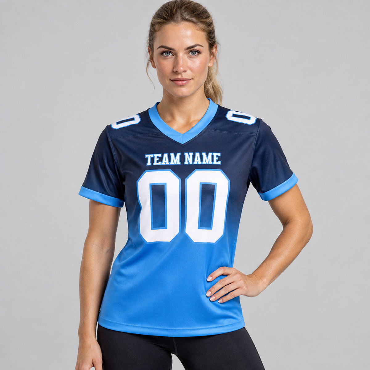 Custom Navy Fade Authentic Football Jersey with White and Powder Blue Lettering worn by female model